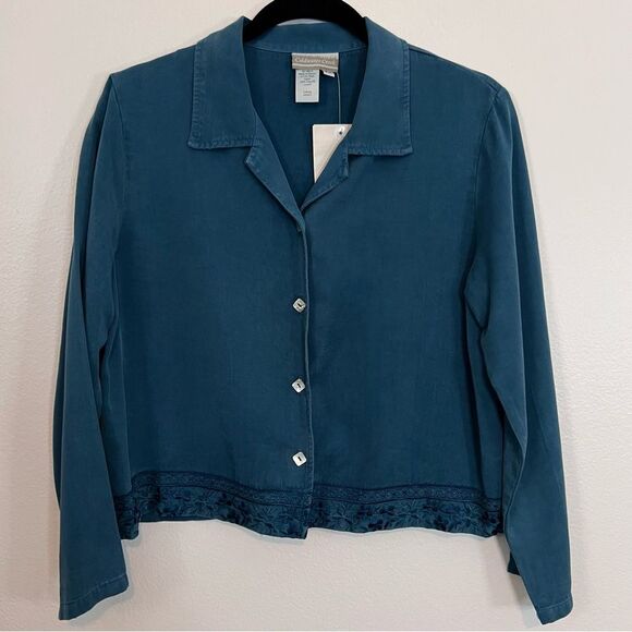 NWOT Coldwater Creek Top Shirt Size Petite Medium Blue Embroidery Tencel. - Picture 1 of 5